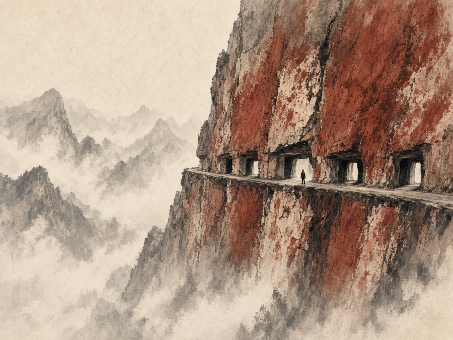 郭亮挂壁公路水墨插画