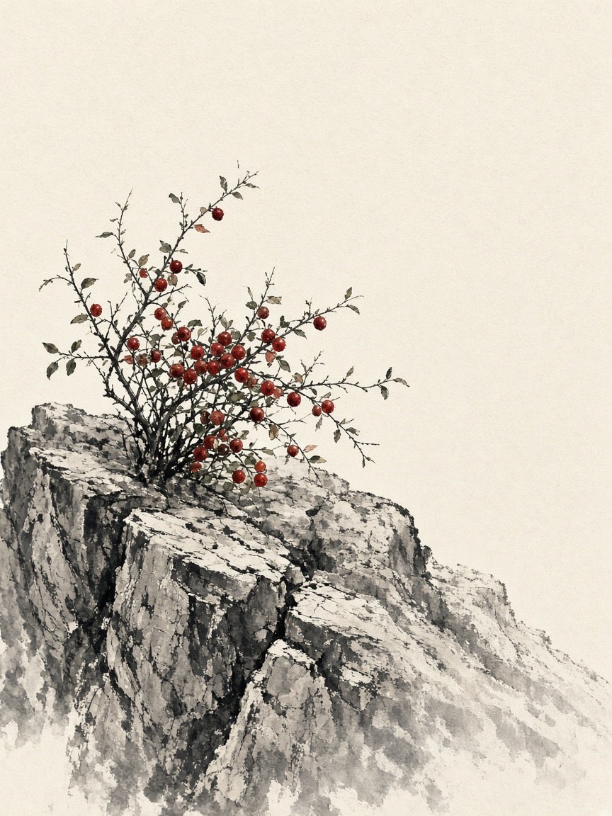 石缝中的野酸枣水墨插画