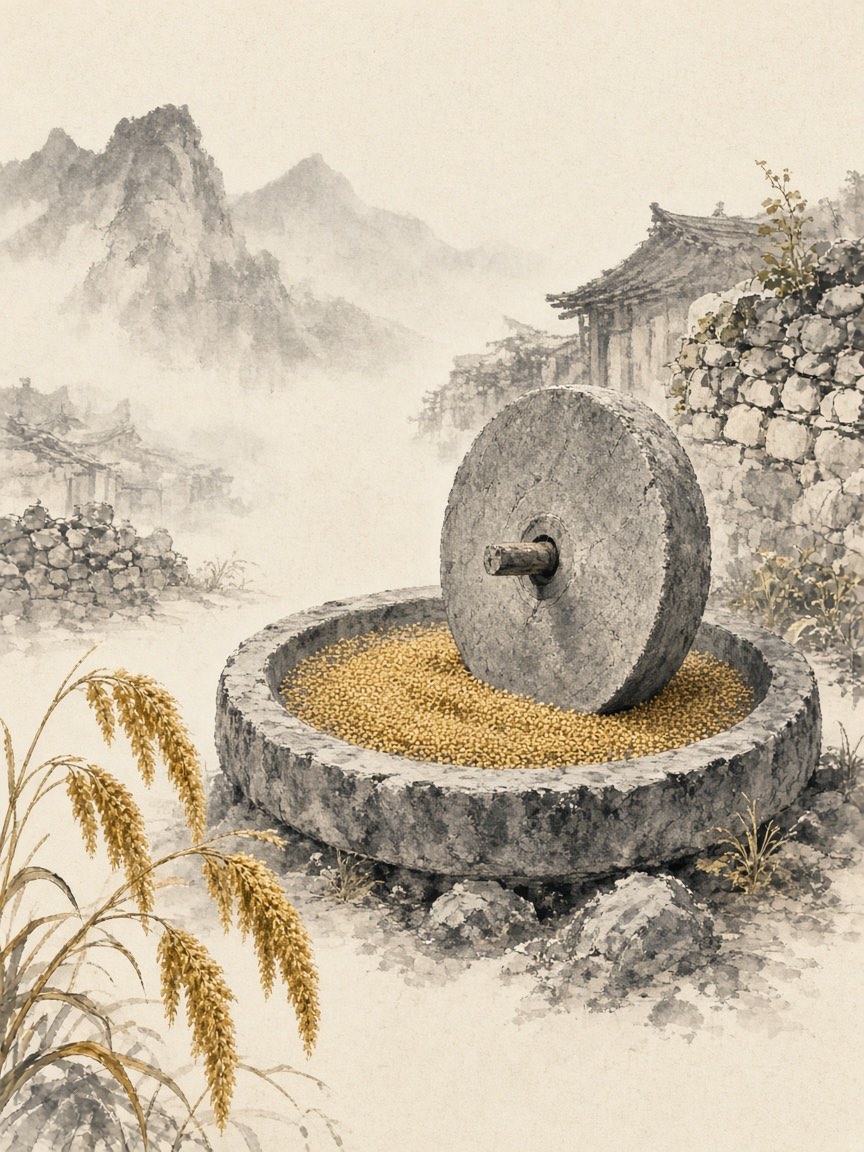 石碾与谷穗水墨插画