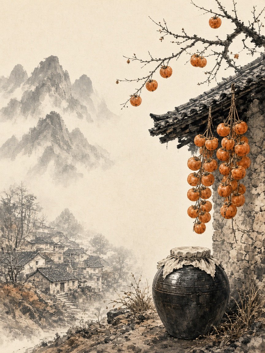 屋檐下晾晒的柿子与醋缸水墨插画